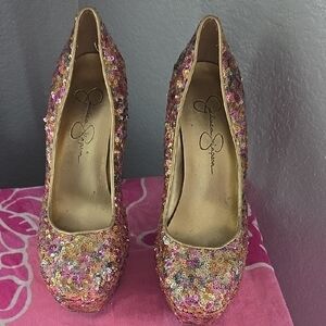 Jessica Simpson Pink and Gold Sequin Heels